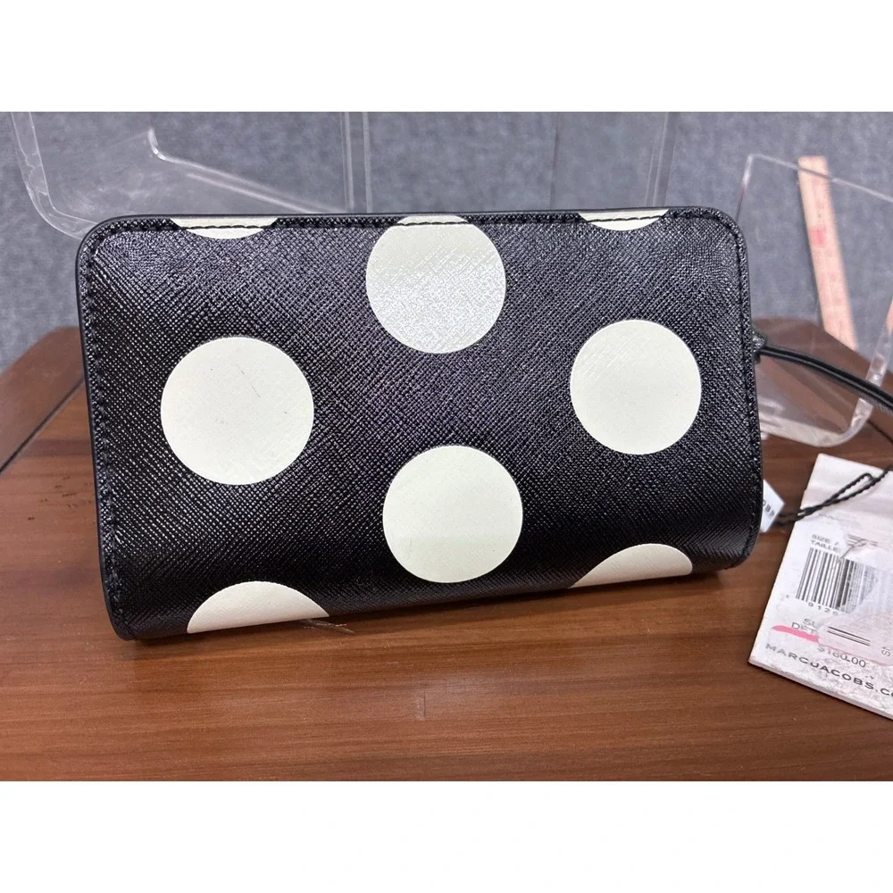 Marc Jacobs Snapshot Compact Wallet Black White Polka Dot Saffiano Leather NWT